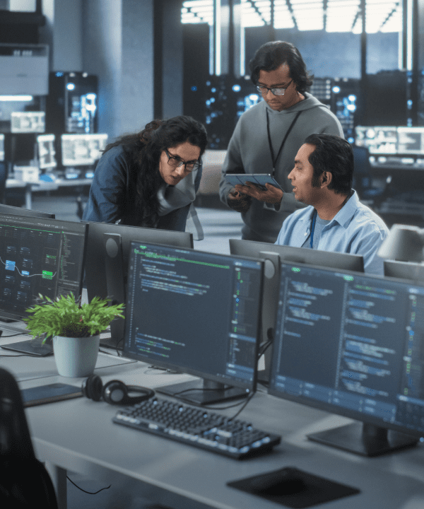 Group working on tech project together