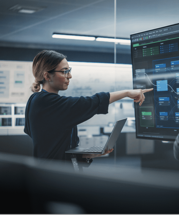 Person pointing at computer display information