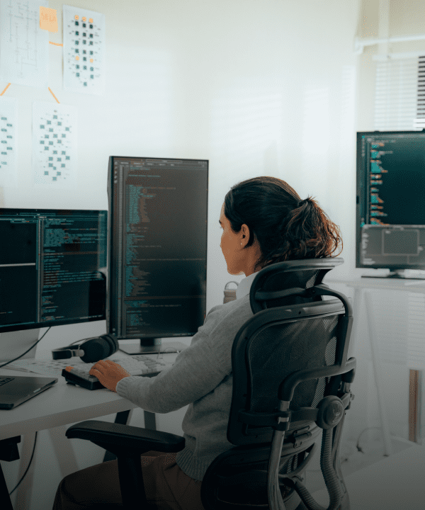 Programmer working at multiple computer screens